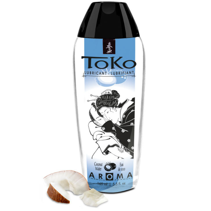 Lubricante aromático de agua de coco de la marca SHUNGA LUBRICANTS, botella con etiqueta y líquido transparente en la imagen.