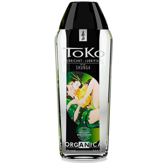 Lubricante natural orgánico de la marca Shunga Toko orgánica en botella con etiqueta blanca y detalles en color verde.