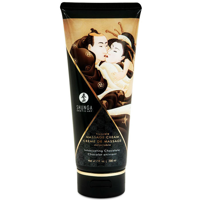 SHUNGA chocolate massage cream in a 200 ml container, featuring a rich, creamy texture and elegant packaging.