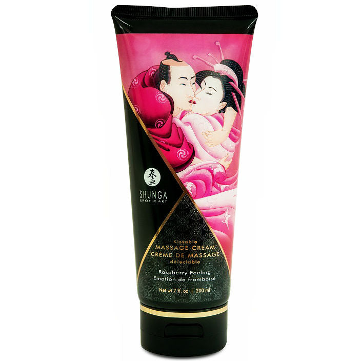 SHUNGA raspberry massage cream 200 ml in a sleek container, showcasing a vibrant design and rich texture.