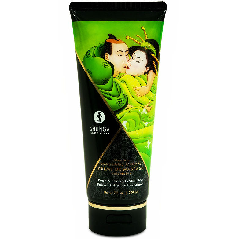 Shunga Massage Cream Pera & Green Tea in a 200ml jar, creamy texture ideal for relaxing massage sensations.