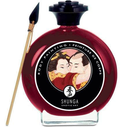 Shunga body paint in strawberry and cava flavor, featuring vibrant packaging and a brush for application.