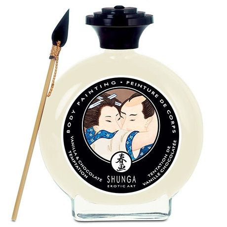 Vanilla and chocolate body paint by Shunga, showcasing a colorful design in a small jar with a brush.