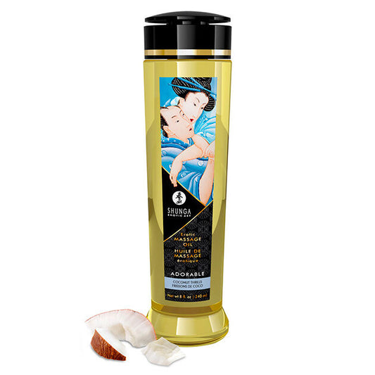 Aceite de masaje erótico Shunga Oils Adorable de 240 ml, botella con diseño elegante y etiqueta colorida.