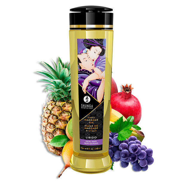 Aceite de masaje erótico libido de 240 ml de la marca Shunga Oils, botella con diseño elegante y etiqueta en el envase
