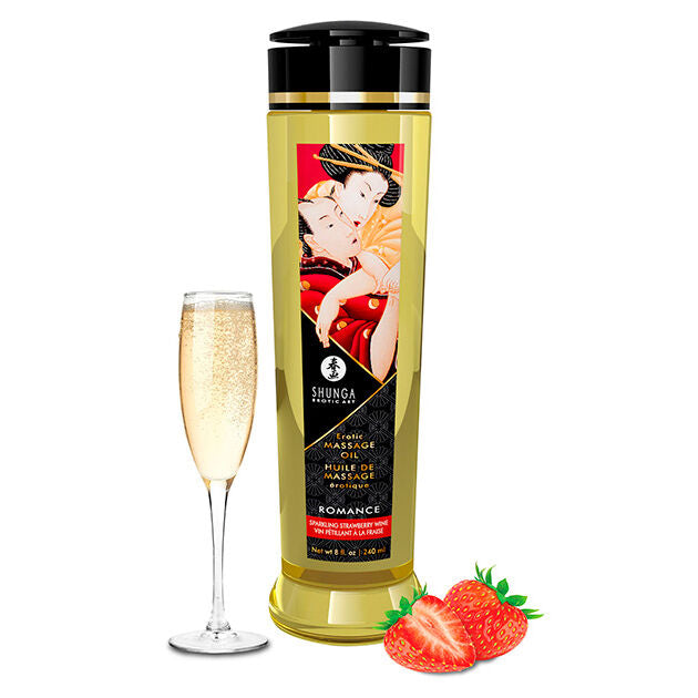 Aceite de masaje erótico Romance de SHUNGA OILS en botella de 240 ml, con etiqueta y diseño elegante.