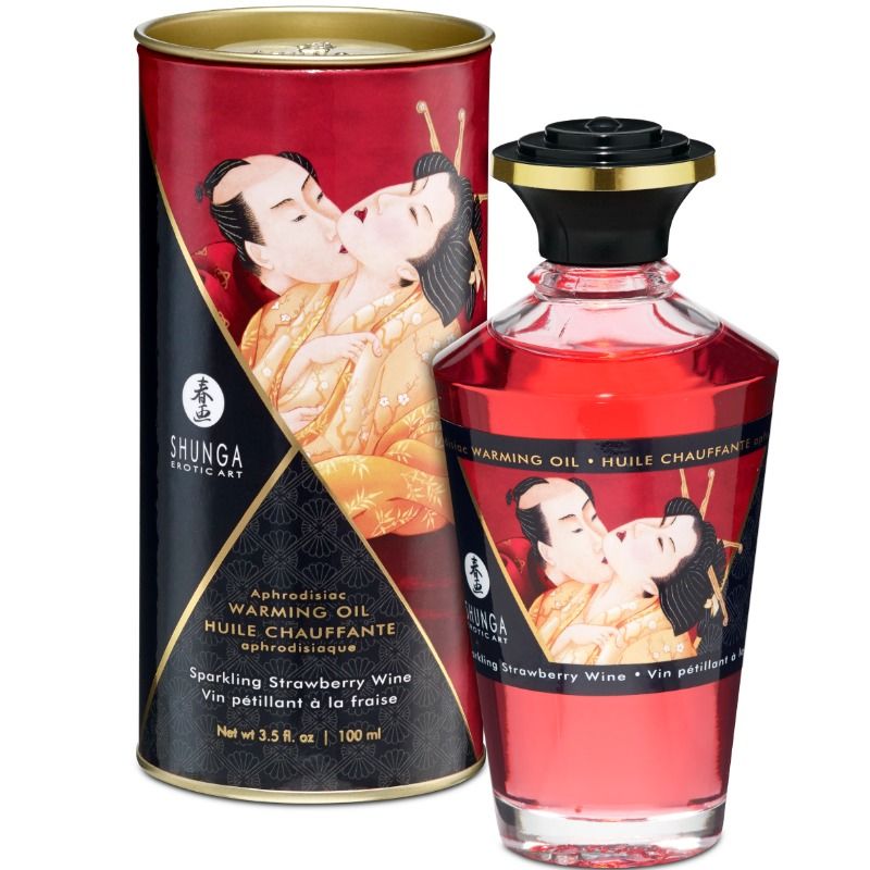 Shunga Oils massage oil with warming effect, featuring strawberry and cava scent, 100 ml bottle, natural and smooth texture.