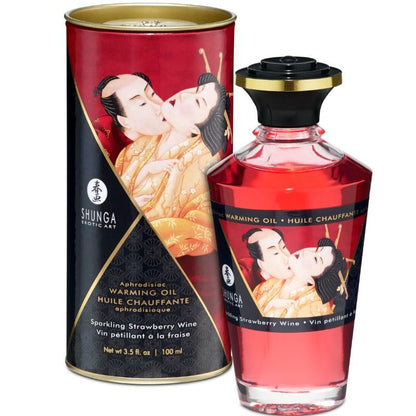 Shunga Oils massage oil with warming effect, featuring strawberry and cava scent, 100 ml bottle, natural and smooth texture.