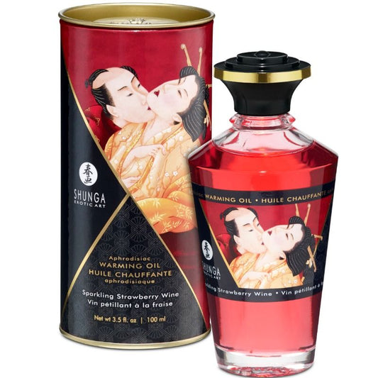 Shunga Oils massage oil with warming effect, featuring strawberry and cava scent, 100 ml bottle, natural and smooth texture.