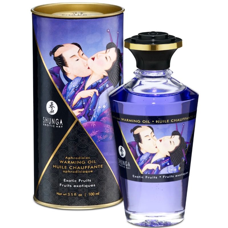 Aceite de masaje SHUNGA con efecto calor sabor frutas exóticas, 100 ml, muestra el frasco y etiqueta del producto.