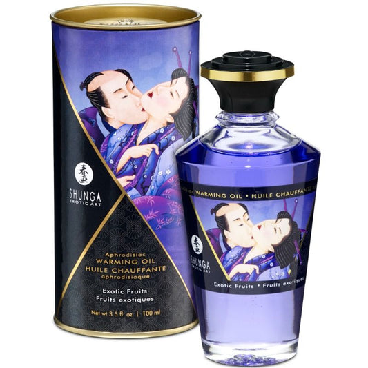 Aceite de masaje SHUNGA con efecto calor sabor frutas exóticas, 100 ml, muestra el frasco y etiqueta del producto.