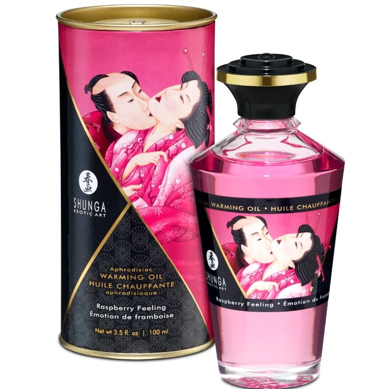 Aceite de masaje Shunga Oils con efecto calor y sabor intenso a frambuesa, 100 ml, ideal para relajación y sensaciones placenteras.