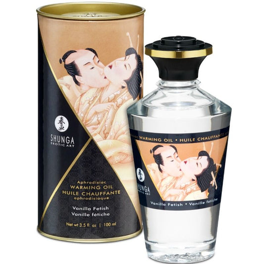 Aceite de masaje SHUNGA con efecto calor sabor vainilla, frasco de 100 ml, ideal para relajación y sensaciones cálidas.