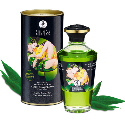 Aceite de masaje con efecto calor Te Verde orgánico de SHUNGA OILS, botella de 100 ml con líquido verde y etiqueta.