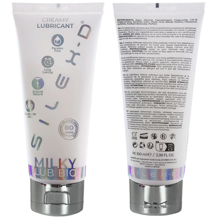 Lubricante Bio Cremoso SILEXD de 100 ml, envase con tapa, ideal para uso íntimo, con fórmula natural y suave.