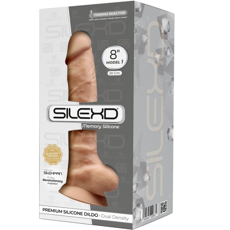 Pene realista de silicona premium SILEXD Modelo 1, tamaño 20 cm, con textura detallada y acabado suave en color natural.