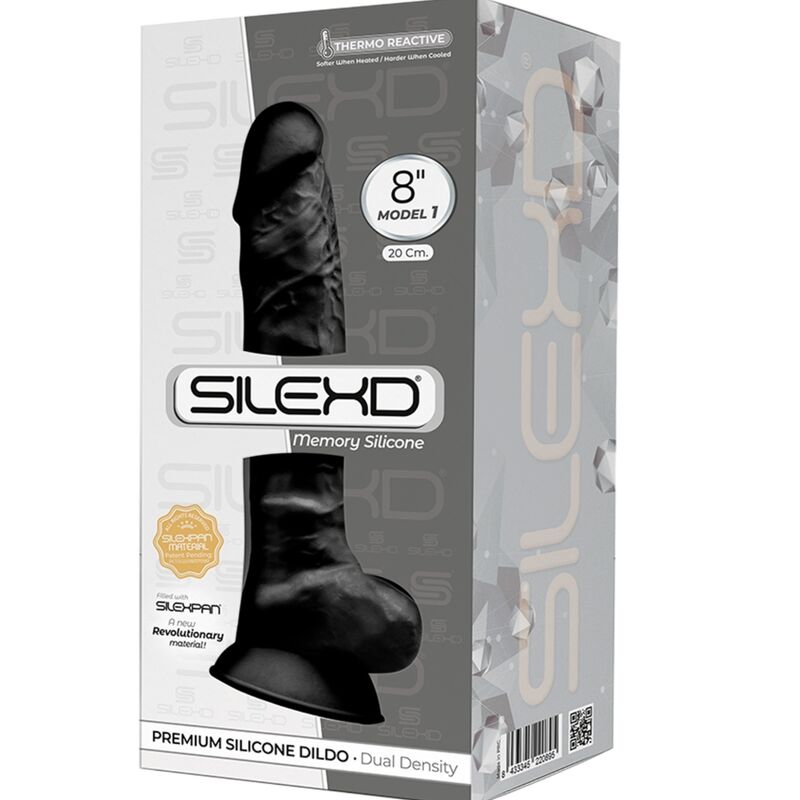 Pene realista de silicona premium SILEXD Modelo 1, negro, de 20 cm, con textura detallada y apariencia natural.