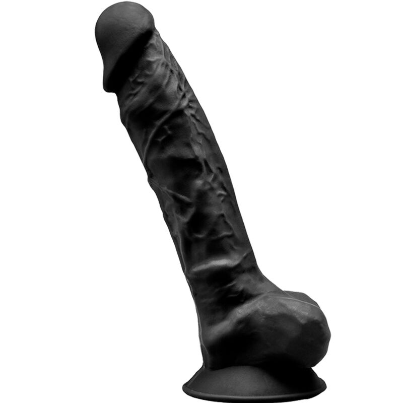 Pene realístico de silicona premium SILEXD Modelo 1, negro, 20 cm, con textura detallada y superficie suave.