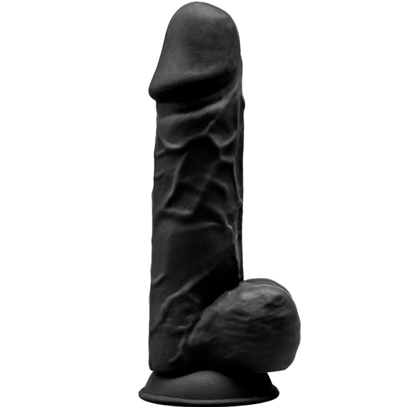 Pene realístico de silicona negra SILEXD Modelo 1, 21.5 cm, con textura detallada y acabado de silicona premium.