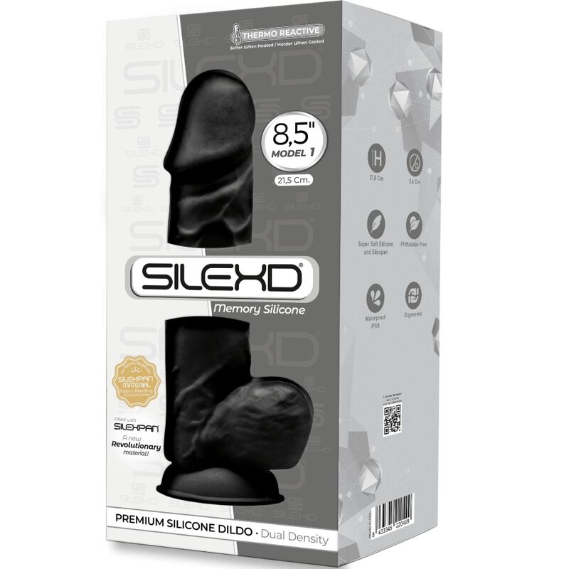Pene realístico de silicona premium SILEXD Modelo 1, negro, 21.5 cm, con textura detallada y diseño anatómico.