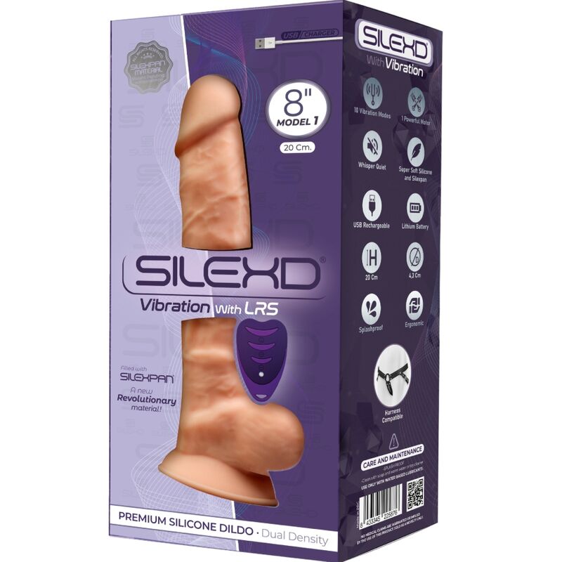 Vibrador realista de silicona premium SILEXD Modelo 1, control remoto, 20 cm, con diseño anatómico y textura suave.
