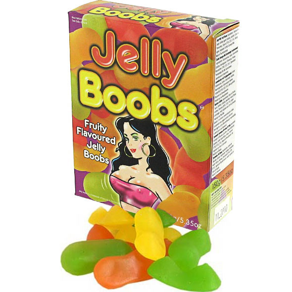 Chewy caramel candies shaped like breasts from Spencer & Fleetwood, displayed in a colorful assortment.