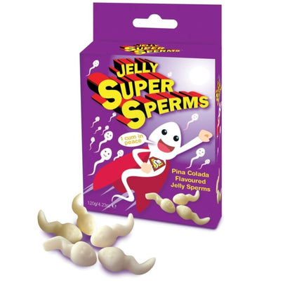 Spencer & Fleetwood Jelly Super Sperm Gominolas for semen enhancement, 120g, featuring colorful gummy candies in a clear container.