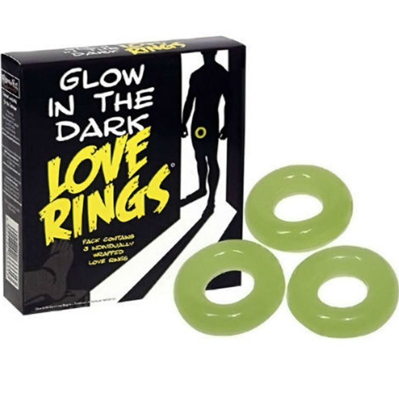Tres anillos fluorescentes de la marca Spencer & Fleetwood, con colores brillantes y diseño llamativo.
