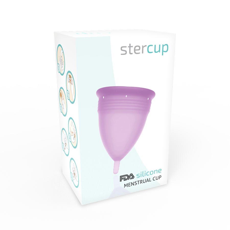 Copa menstrual STERCUP de silicona con firme base, color lila, tamaño S, diseñada para comodidad y protección femenina.