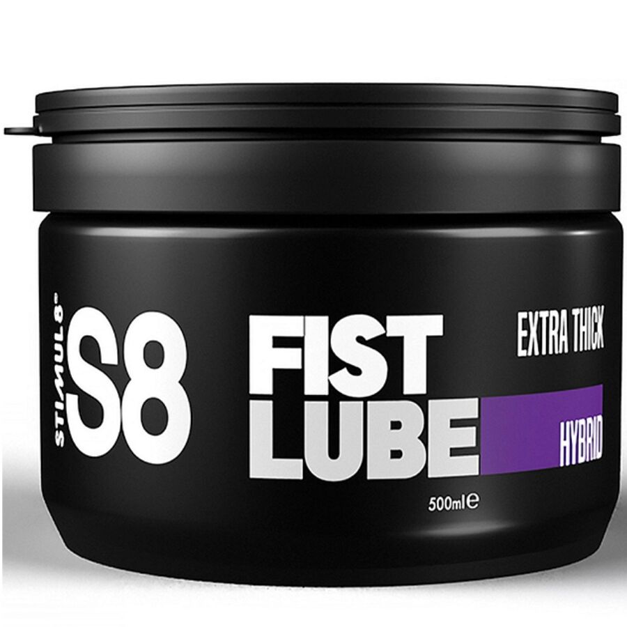 Lubricante híbrido extra grueso STIMUL8 S8 en envase de 500 ml, ideal para puños y uso en actividades íntimas.
