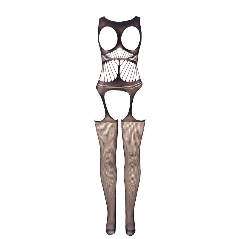 SUBBLIME - 951900 Crotchless Mesh Bodystocking with Open Shoulder and Cup, Black, One Size