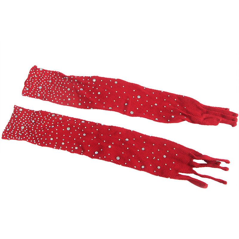 SUBBLIME - 952181 MESH BODYSTOCKING WITH GLOVES AND DIAMONDS RED ONE SIZE