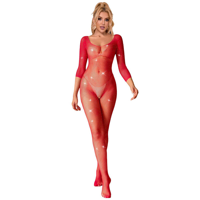 Bodystocking de rejilla con diamantes de manga larga en color rojo de la marca SUBBLIME BODYSTOCKINGS, talla XS/M.