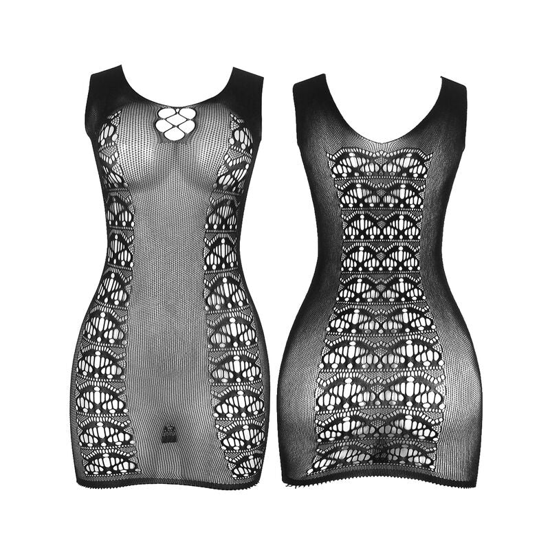 Vestido de rejilla corto negro de SUBBLIME DRESSES, diseño elástico y talla única, ideal para un estilo moderno y ajustado.