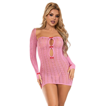 Vestido de rejilla rosa de SUBBLIME DRESSES, estilo femenino y moderno en talla única, con detalles de malla y diseño elegante.