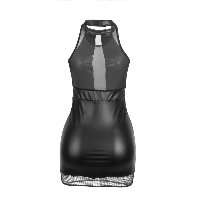 Vestido negro de la marca SUBBLIME DRESSES con cuello halter y detalles de transparencias en talla L/XL.