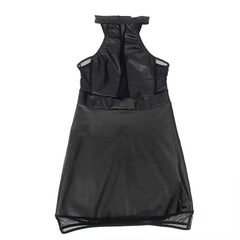 Vestido negro de la marca SUBBLIME DRESSES, con cuello halter y detalles transparentes en tamaño L/XL.