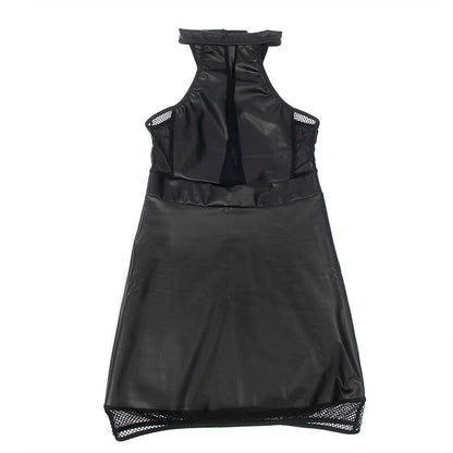 Vestido negro de la marca SUBBLIME DRESSES, con cuello halter y detalles transparentes en tamaño L/XL.