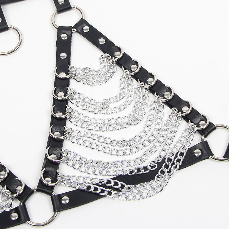 Arnés, sujetador y collar con cadenas de la marca SUBBLIME FETISH en talla única. Diseño elegante y ajustable con detalles metálicos.