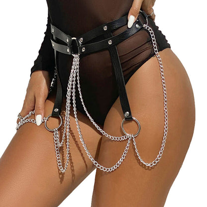 Cinturón de cadenas con anillas de cuero negro de la marca SUBBLIME FETISH, talla única, en una vista frontal.