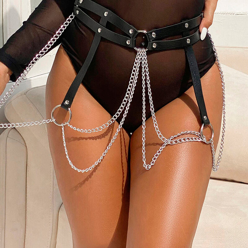 Cinturón de cadenas con anillas de cuero negro de SUBBLIME FETISH, talla única, con diseño elegante y ajustable.