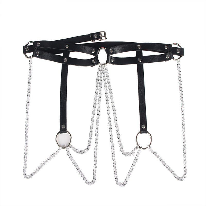 Cinturón de cadenas con anillas de cuero negro de la marca SUBBLIME FETISH, en talla única, para uso personal o de moda.
