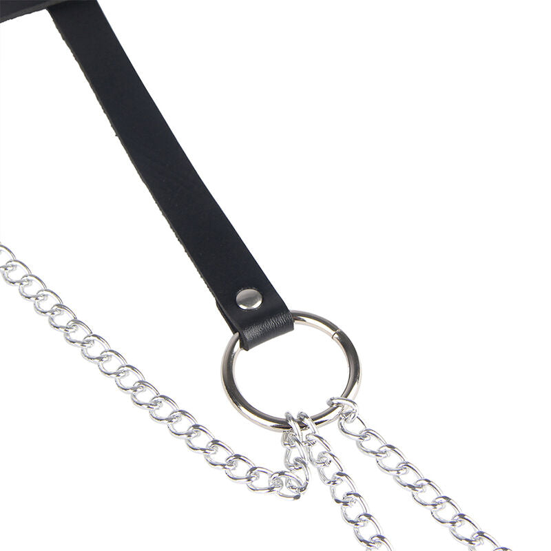 Cinturón de cadenas con anillas de cuero negro de la marca SUBBLIME FETISH, talla única, visible en la imagen.