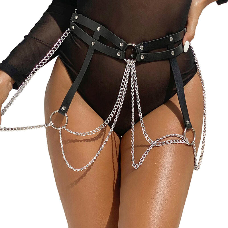 Cinturón de cadenas con anillas de cuero negro de la marca SUBBLIME FETISH, talla única, con detalles metálicos y estilo audaz.