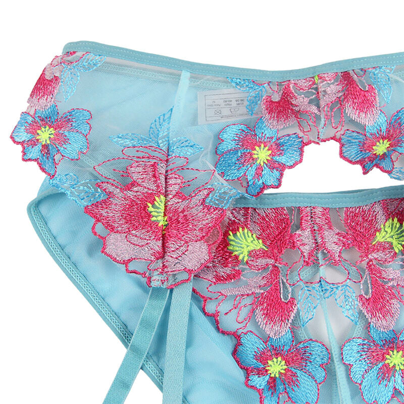 SUBBLIME - 954116 BRA + PANTIES WITH GARTER STRAP FLORAL DESIGN BLUE L/XL