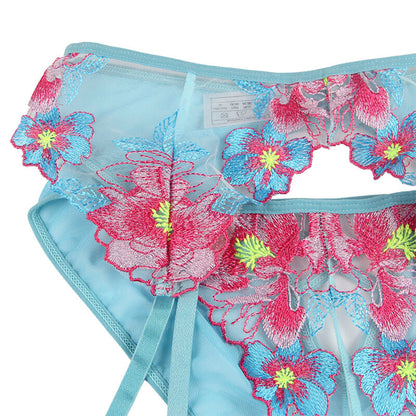 SUBBLIME - 954116 BRA + PANTIES WITH GARTER STRAP FLORAL DESIGN BLUE L/XL