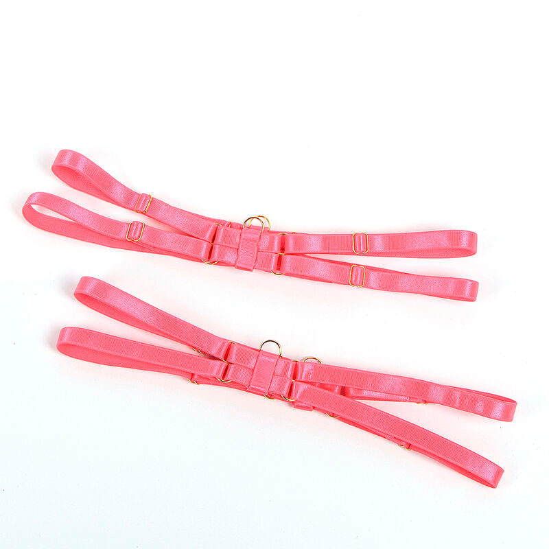 Conjunto de sujetador con collar y detalles para piernas en rosa fluorescente de la marca SUBBLIME SETS, talla L/XL.