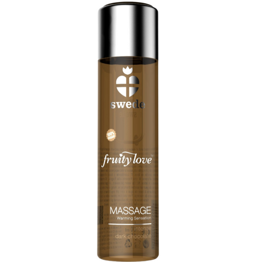 Aceite de efecto calor chocolate negro SWEDE Fruity Love en botella de 120 ml, con etiqueta visible y diseño colorido.