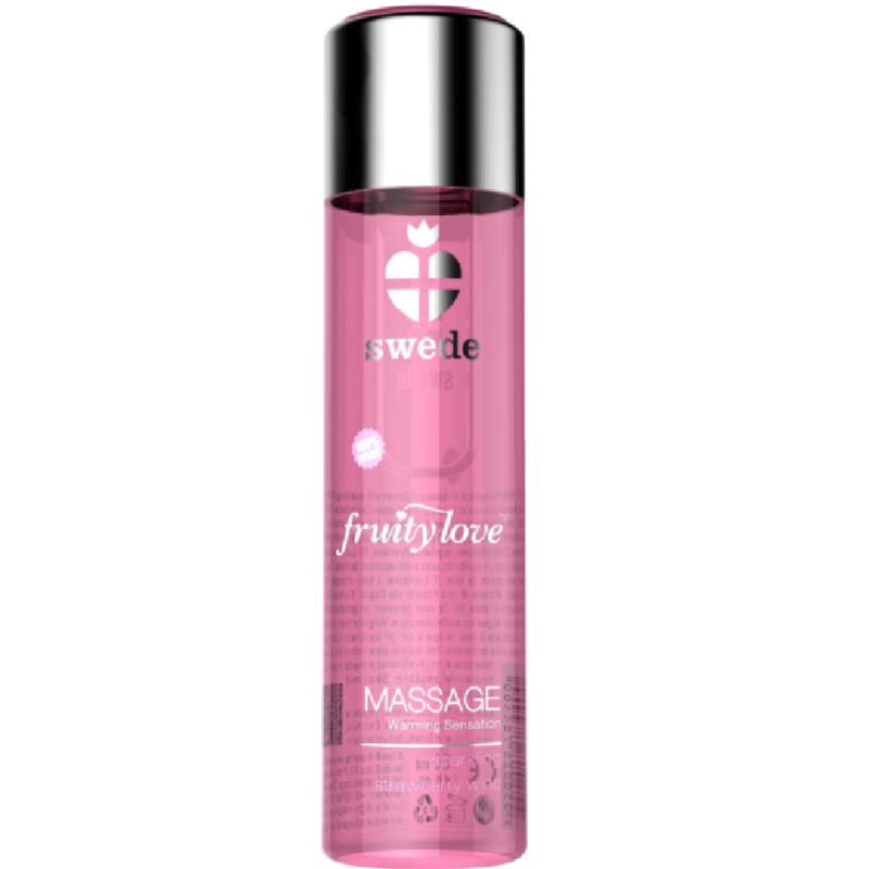 Aceite con efecto calor de SWEDE, sabor a fresas y champagne, 120 ml, con frascos y etiqueta visible.