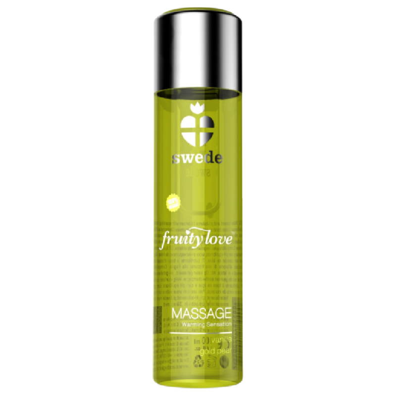Aceite SWEDE Fruity Love con efecto calor, aroma a vainilla y pera, botella de 120 ml sobre fondo neutro.